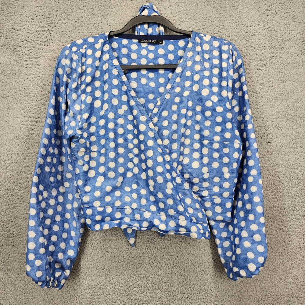 Geometric Blue White Polka Dot Wrap Top Hand-Dyed West African Cotton Medium